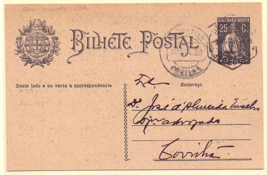 0231 f.jpg -     Lote:    231 (frente)            Portugal       Descrição:         1924/26 &mdash; Ceres. OM74a, 25c. Circulado de Lisboa (09.10.25) para a Covilhã. Repicado no verso por MARINO SEPULVEDA AFFONSO..        IC       Valor Base:     &euro; 15,00     Valor Venda:     &euro; 28,00     